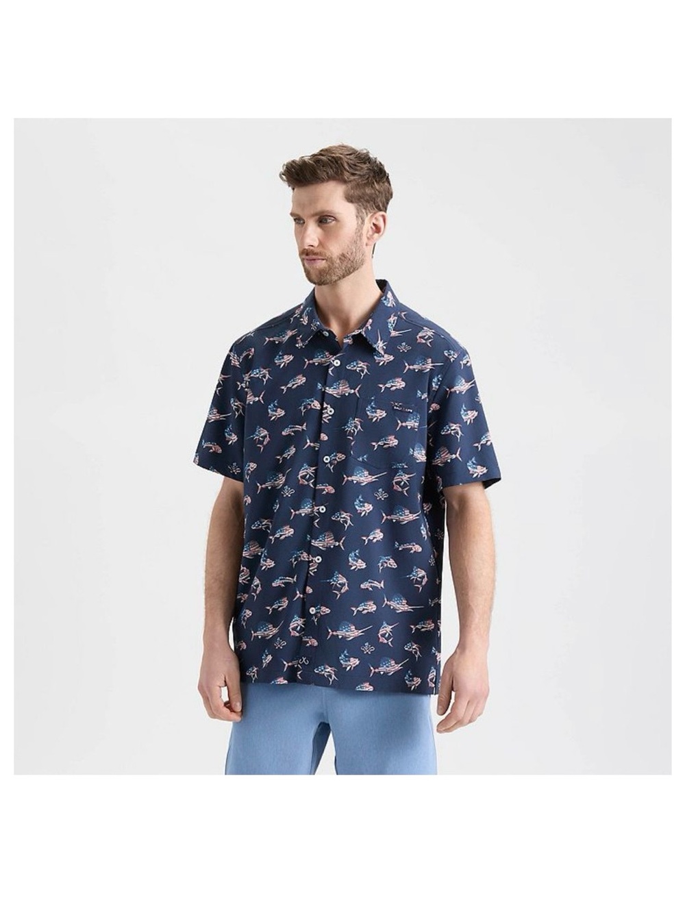 Salt Life Navy Short-Sleeve Button-Down with Fish Print